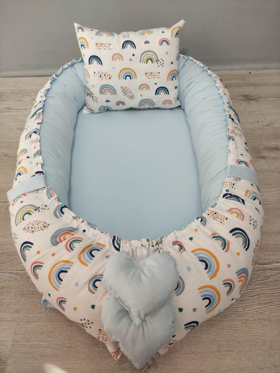 Minik Gökkuşağı Desen ve Bebe Mavisi Kombin Tasarım Orijinal Babynest, Yastığı